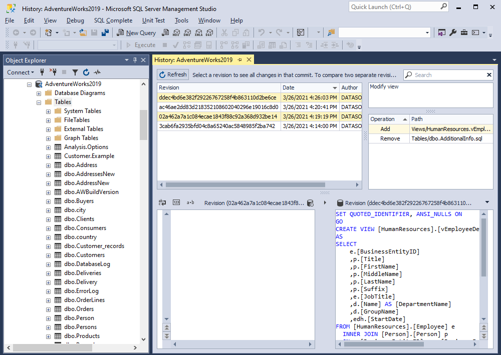 Viewing the history of changes in dbForge Source Control