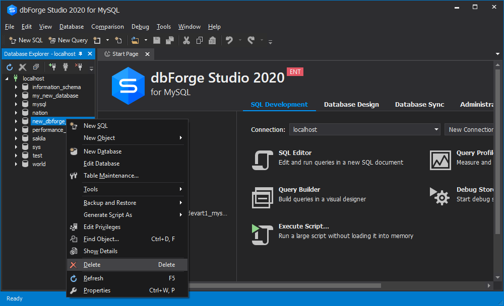 Delete a database using dbForge Studio for MySQL