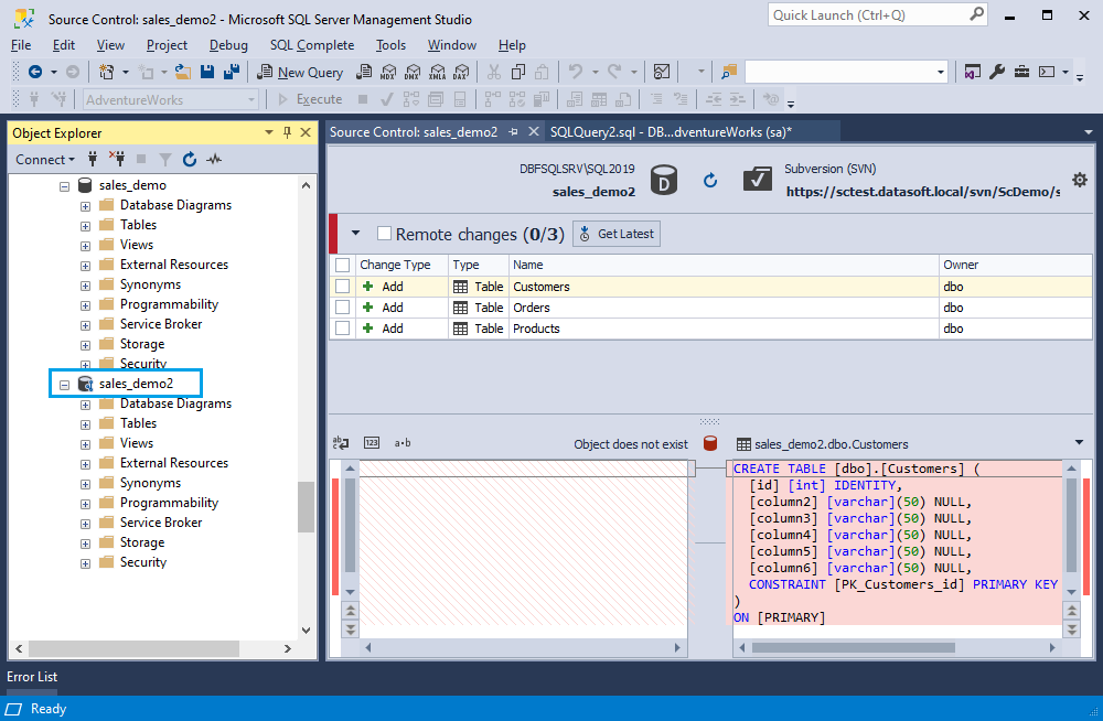 The linked database is displayed in Object Explorer