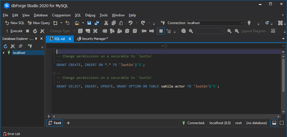 View the GRANT script in the internal editor of dbForge Studio for MySQL