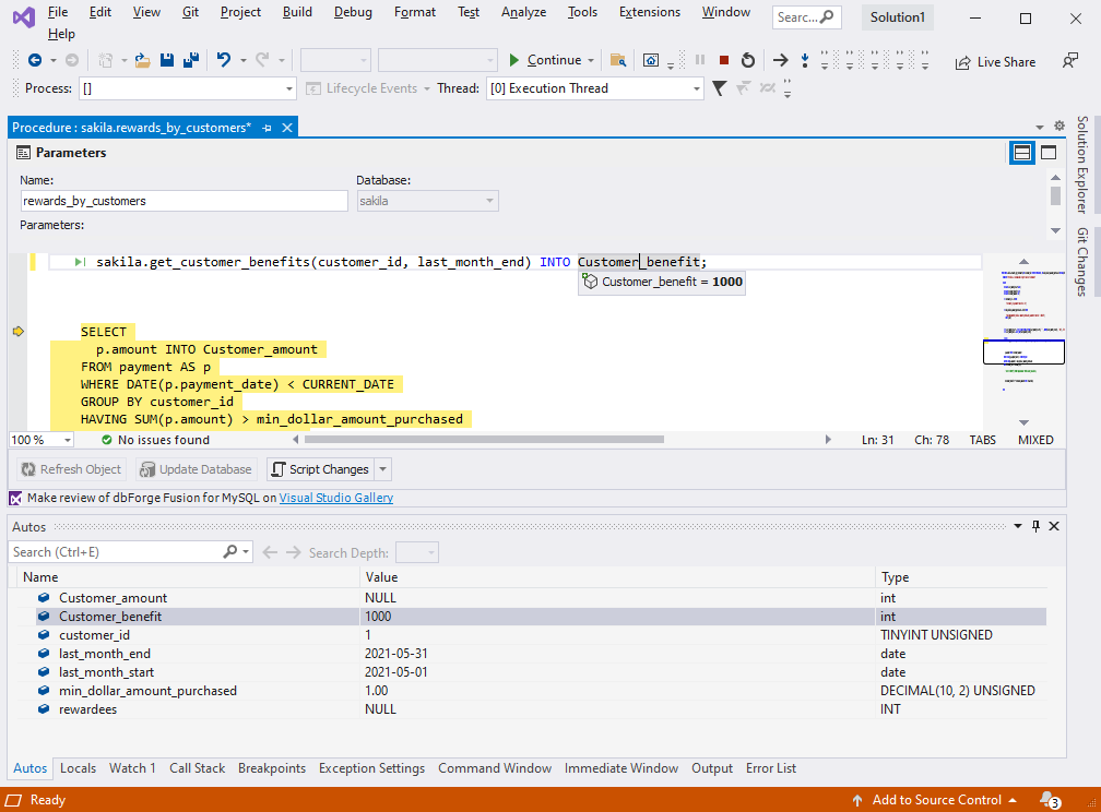 Monitor variables change in dbForge Fusion for MySQL