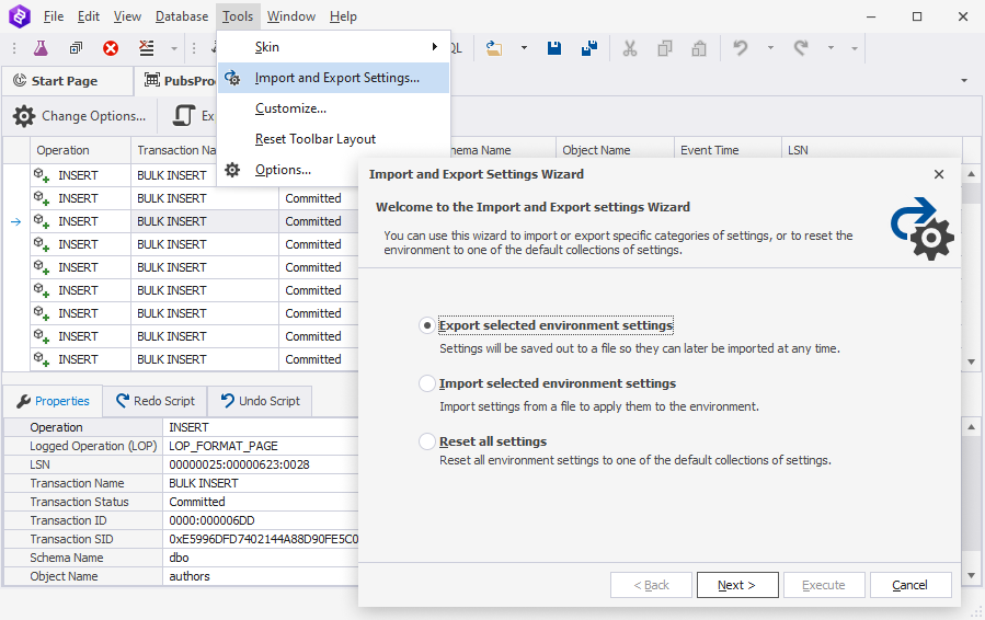 Import and Export Settings feature