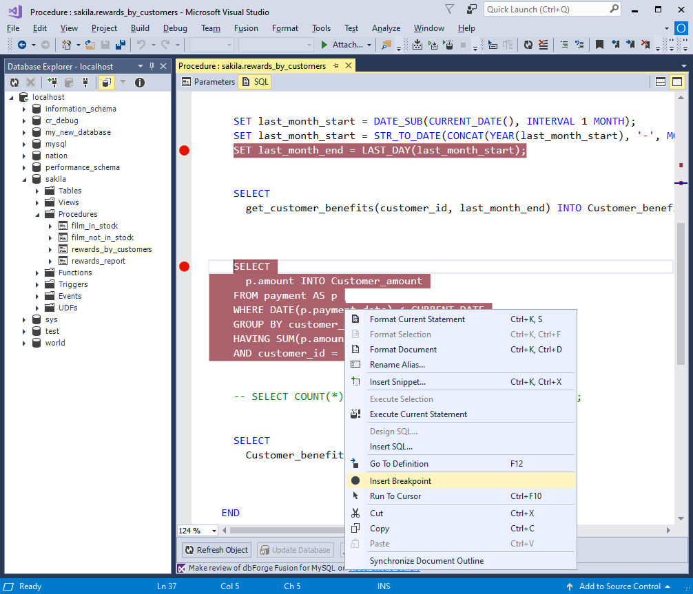 Set breakpoints in Fusion for MySQL when debugging SQL stored procedure visual studio 2019