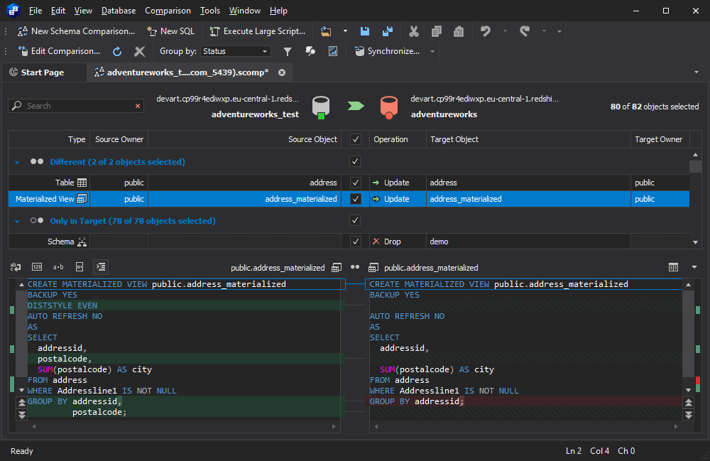 Support for materialized views comparison and synchronization in Amazon Redshift