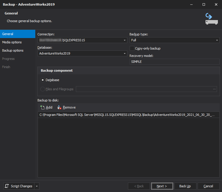 Set up backup options in dbForge Studio for SQL Server