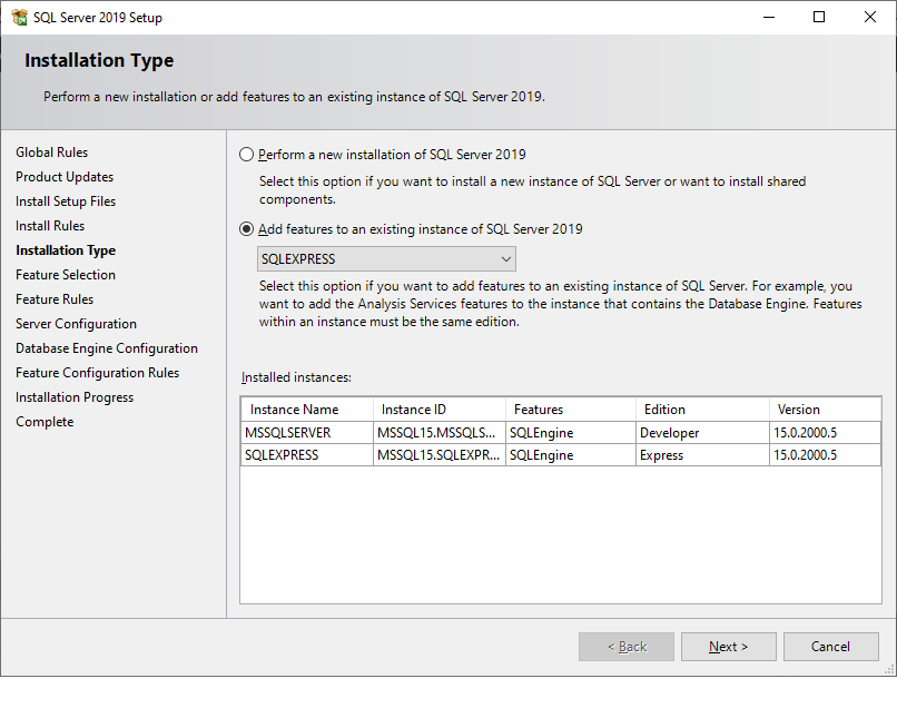 Add extra features to the installed SQL Server Express instance