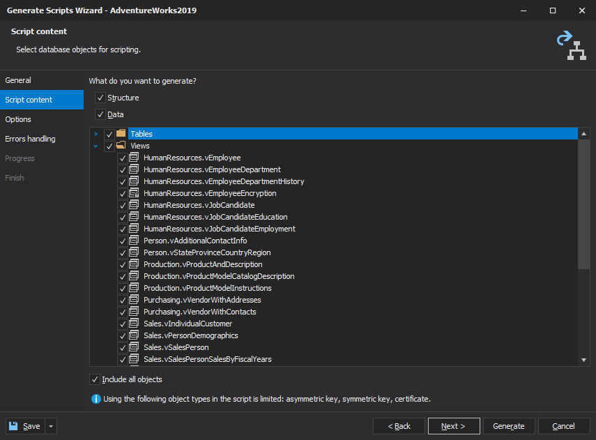 Set up script generation options in dbForge Studio for SQL Server