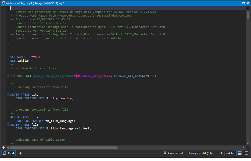 Generate a synchronization output script in the editor of dbForge Studio for MySQL