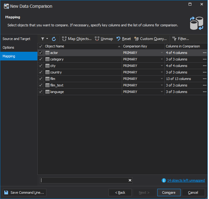 Selecting objects you want to compare in the Data Compare tool of dbForge Studio for MySQL