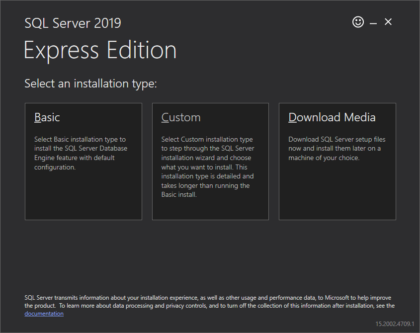 Select an installation type for a SQL Server 2019 Express edition