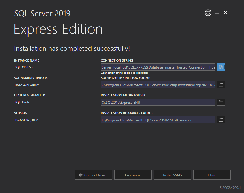 SQL Server 2019 Express edition has been installed successfully