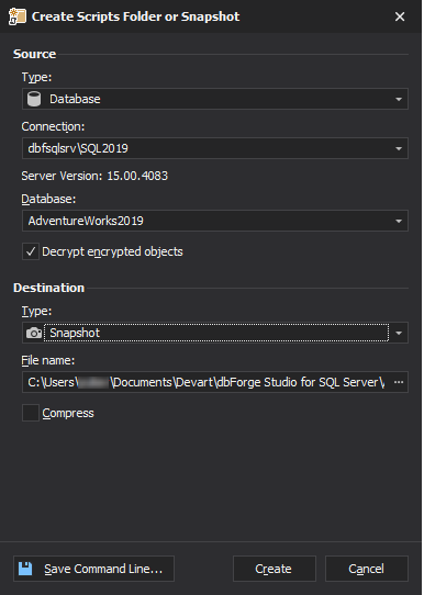 Create a database snapshot with Schema Compare available in dbForge Studio for SQL Server