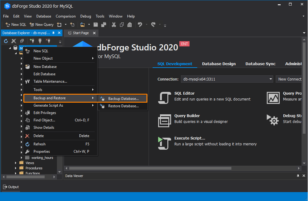 Open the tool and select the Backup Database wizard in dbForge Studio for MySQL