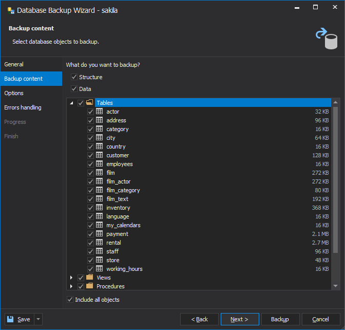 Select the database structure, data, and database objects in dbForge Studio for MySQL