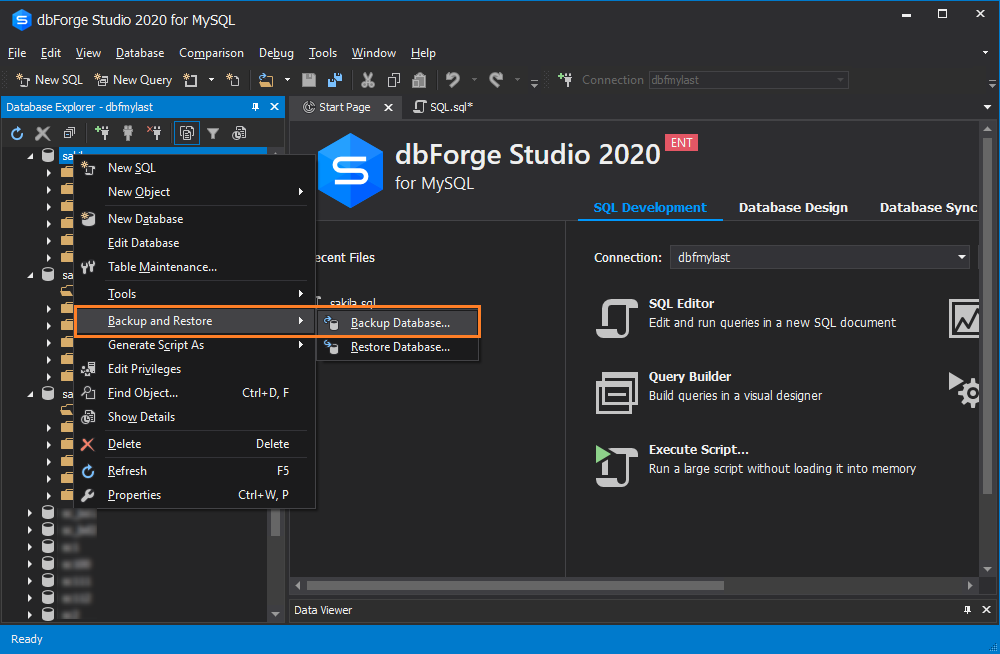 Back up the database with dbForge Studio for MySQL
