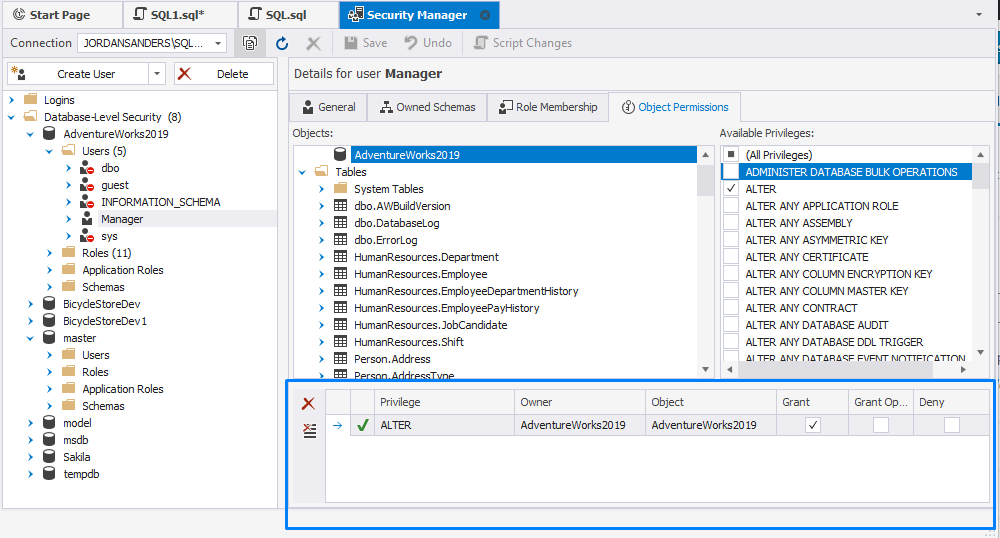 Get a list of permissions available for the user in dbForge Studio for SQL Server