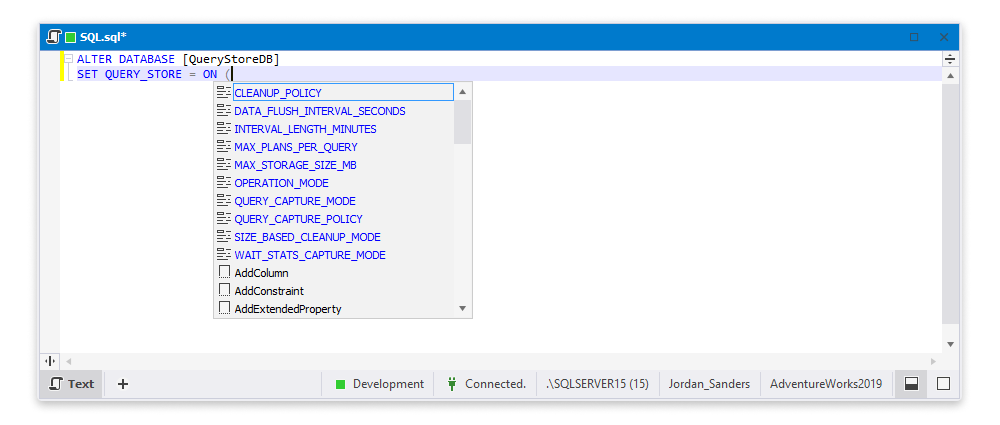 dbForge Studio for SQL Server 6.1 supports Query Store options in the ALTER DATABASE statements