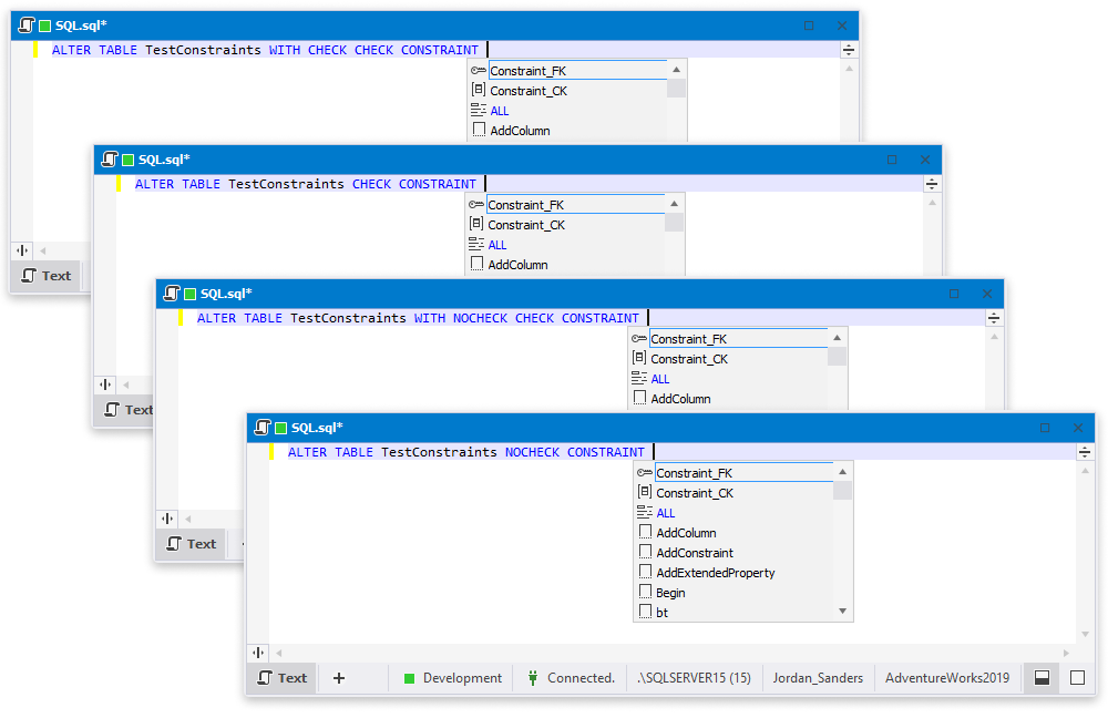 dbForge Studio for SQL Server - Check constraints hints for the ALTER TABLE statements