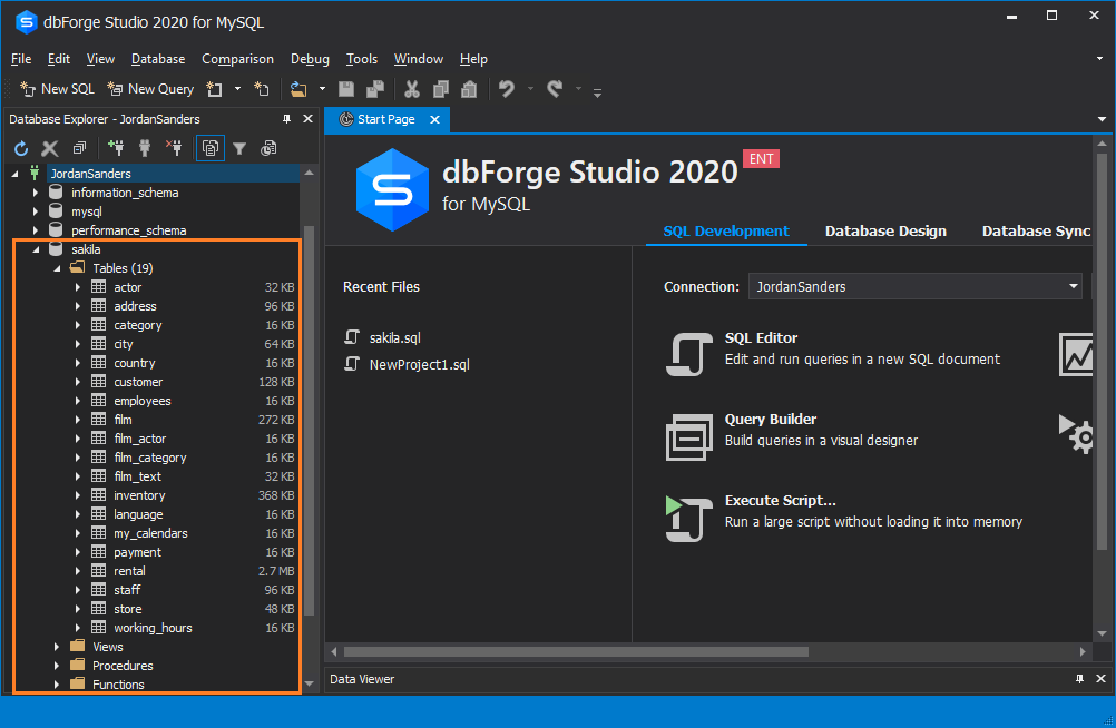 The restored database is displayed in Database Explorer of dbForge Studio for MySQL