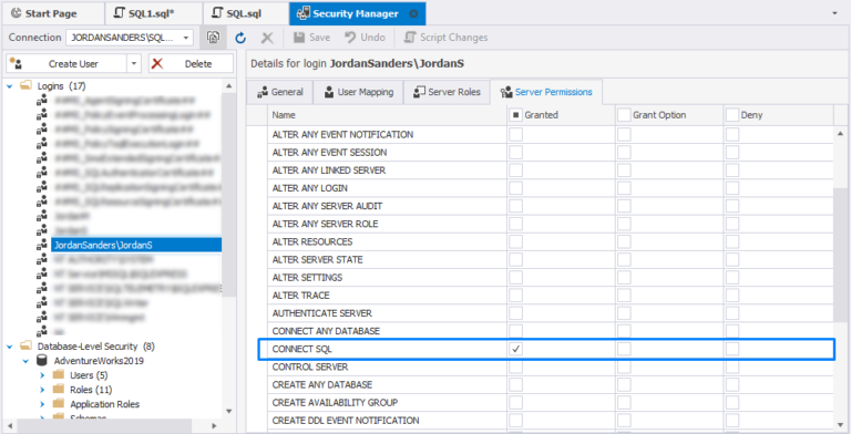 sql server create user and grant permission query