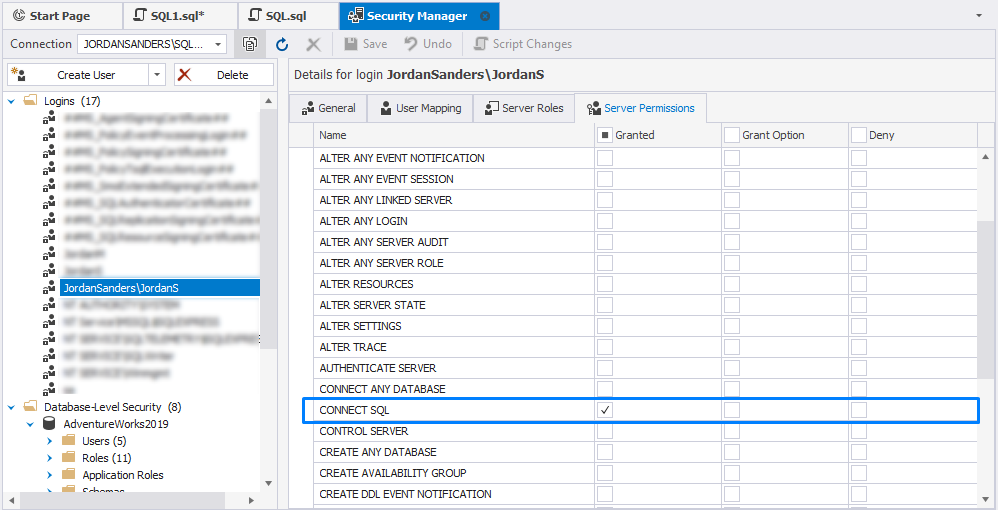 Check the list of server-level permissions for the selected login in dbForge Studio for SQL Server