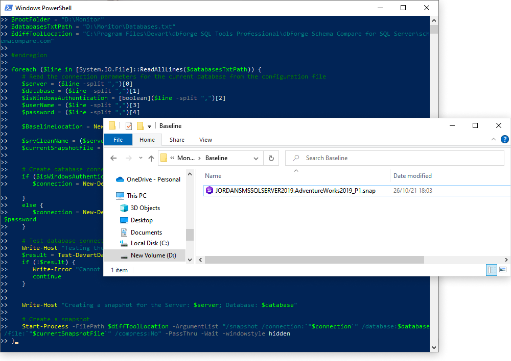 PowerShell script to create a database snapshot