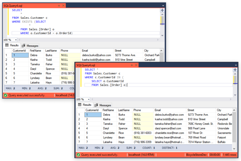 Sql server exists and not exists
