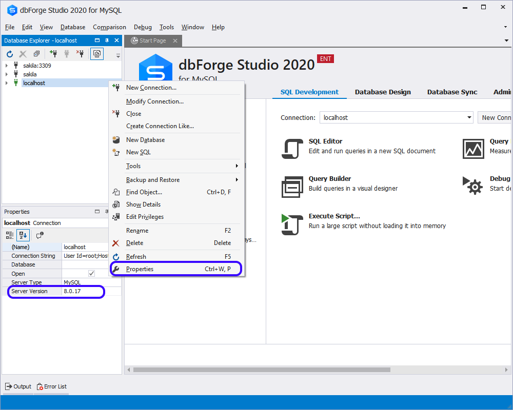 View MySQL server version in dbForge Studio for MySQL