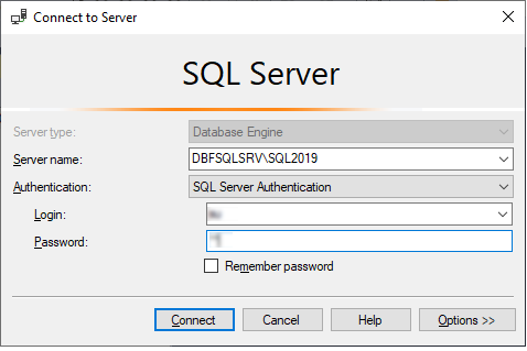 Enter connection properties for the SQL Server Authentication type in SSMS