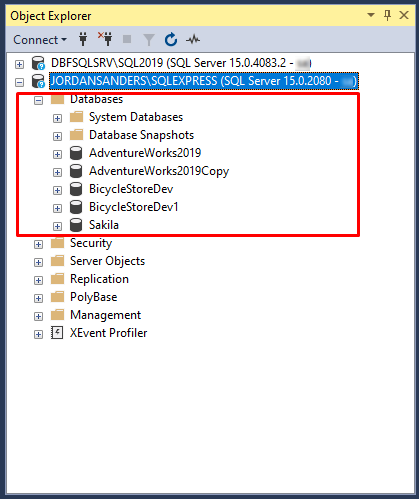 View a list of databases available on SQL Server in SSMS