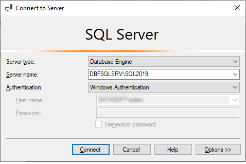 Enter connection properties for the Windows Authentication type in SSMS