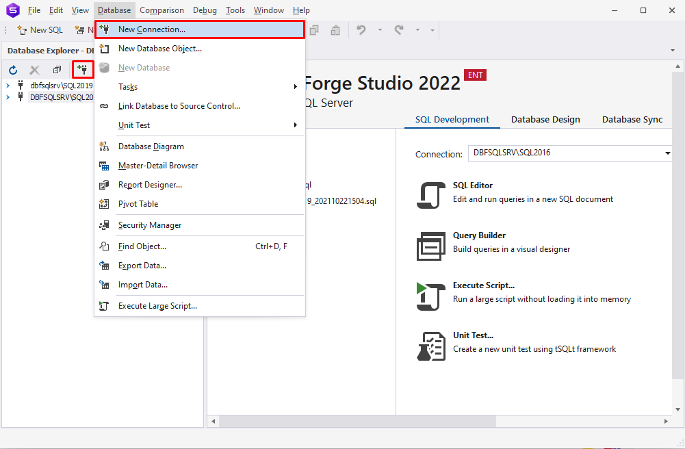 Open the Connection Manager to connect to the SQL Server using dbForge Studio for SQL Server