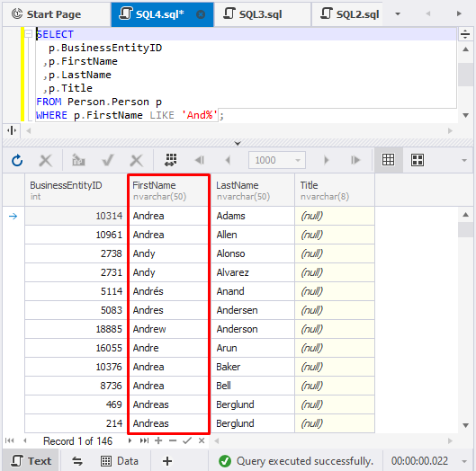 Retrieve data using wildcards in the SELECT statement