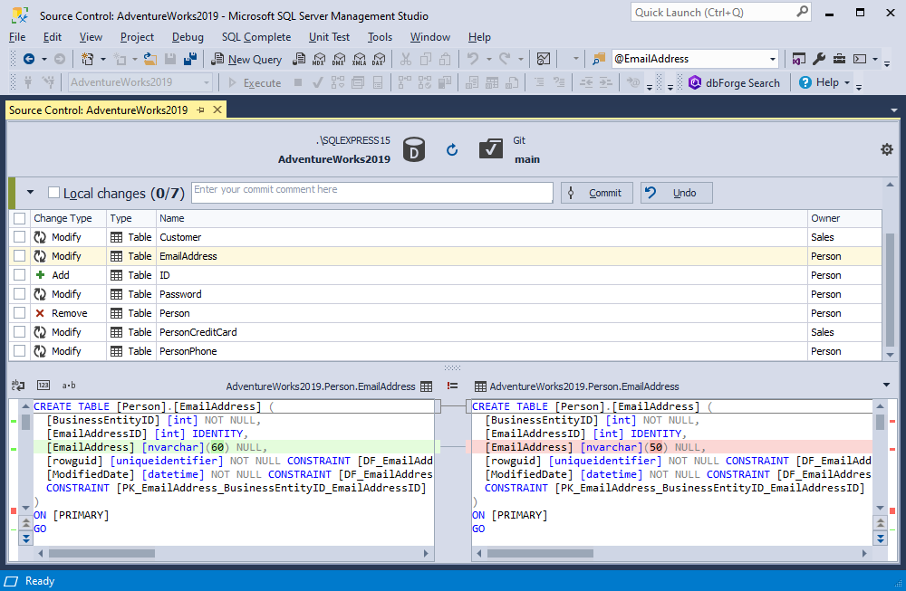 Source Control Manager displaying the local changes for the shared database development model