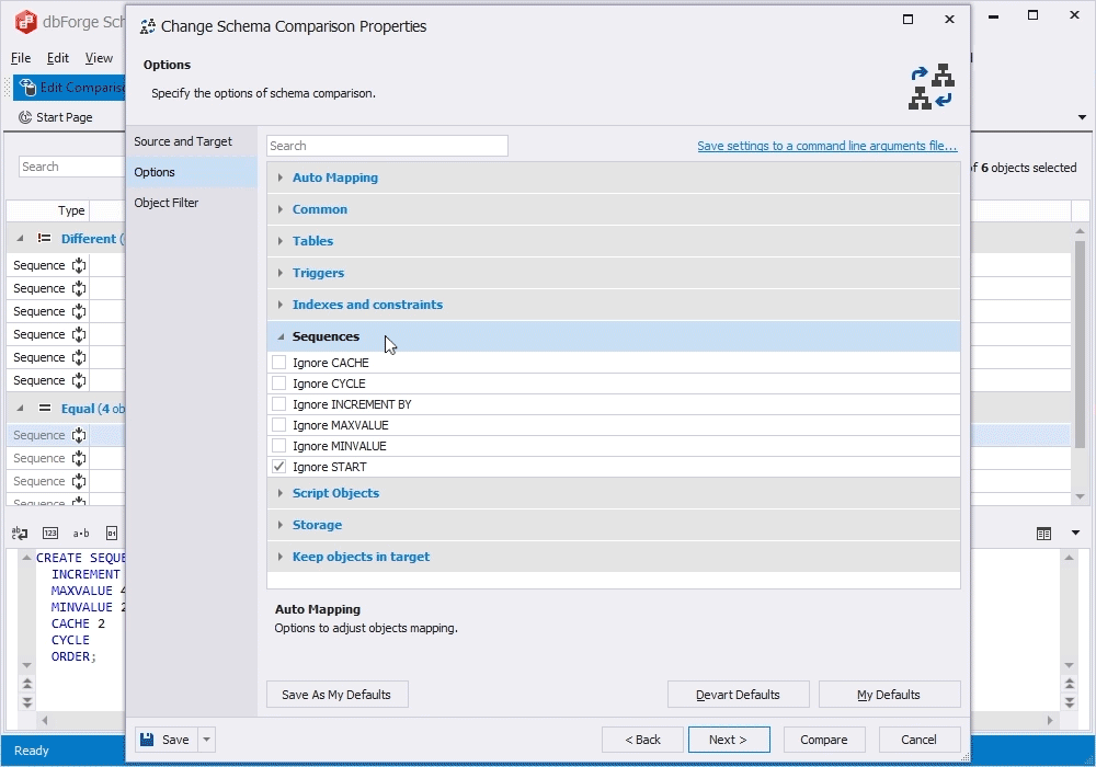 Improved the behavior of the Ignore START WITH schema comparison option in the Schema Compare tool