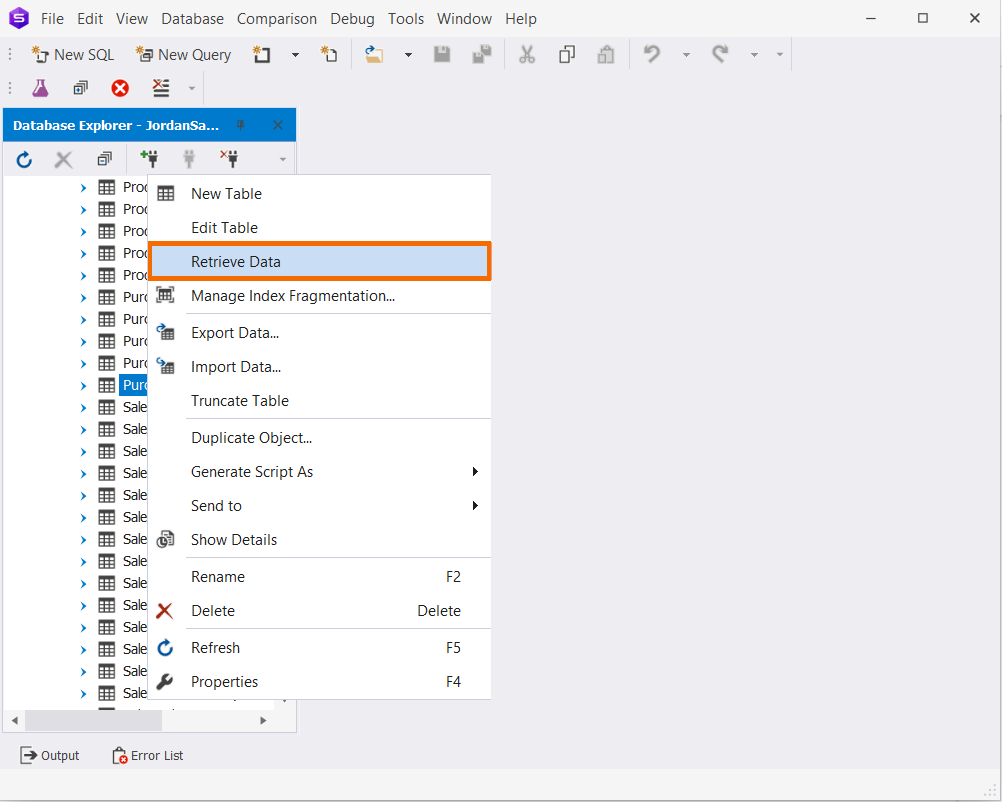 Retrieve all columns from a table in dbForge Studio for SQL Server 