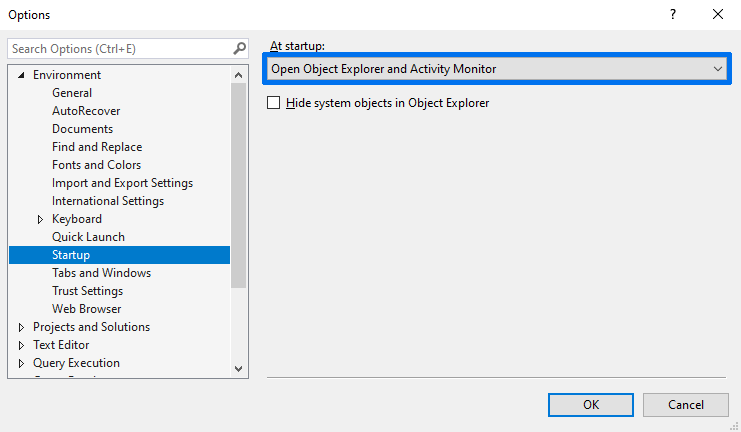 Select Open Object Explorer and Activity Monitor 