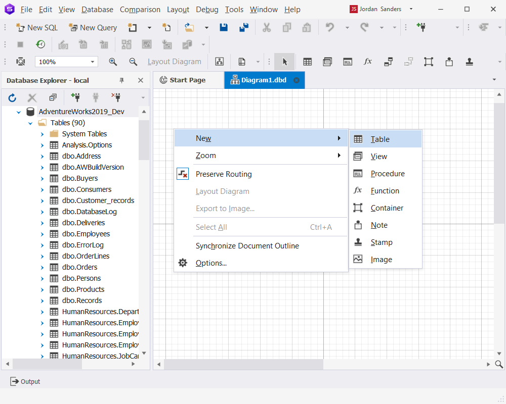 Create a new database object on a diagram