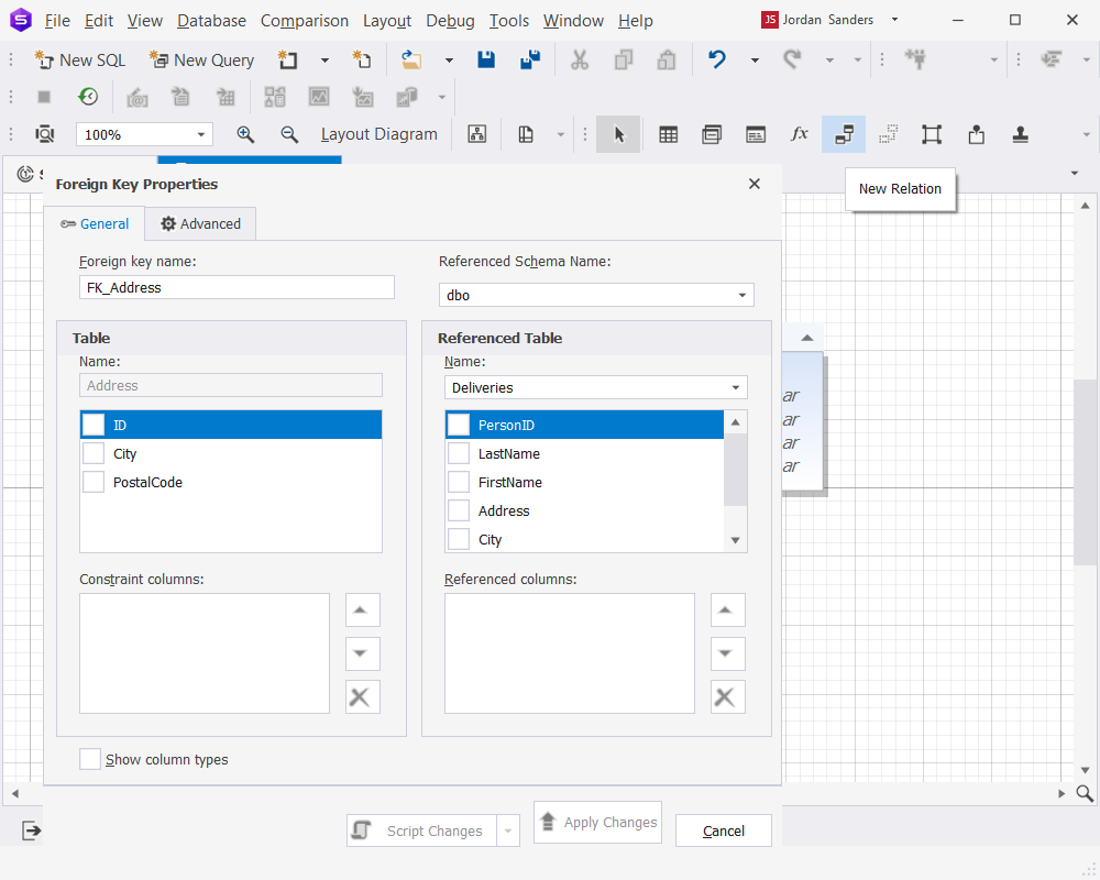 Create a new relationship between tables on a diagram