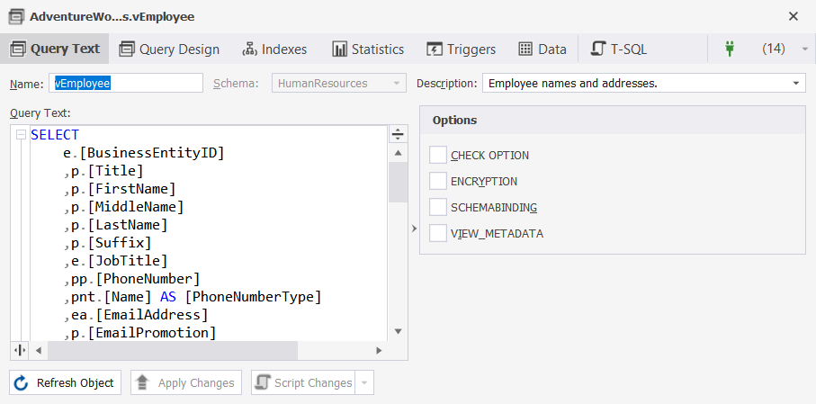 Modify database objects on the diagram