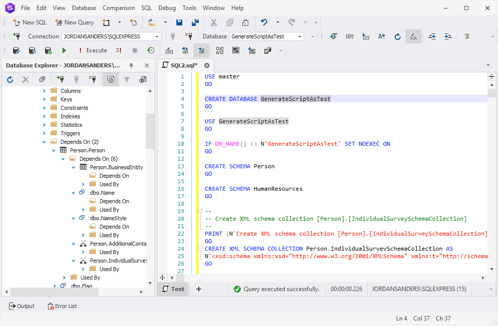 Creating a test database to check the script with object dependencies