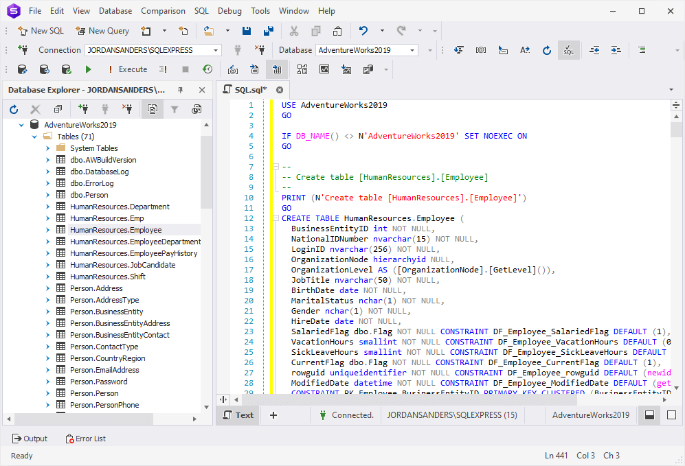 The script in a new SQL window