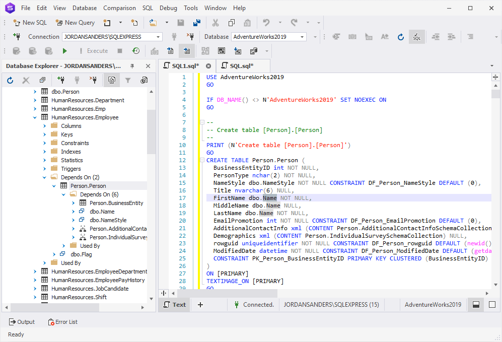 Check object dependency for the Person.Person table - Depends On