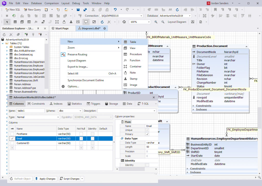 SQL ERD diagram tool - Create and edit database objects