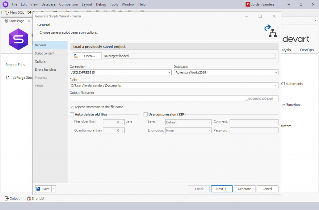 Generate Scripts wizard in dbForge Studio for SQL Server