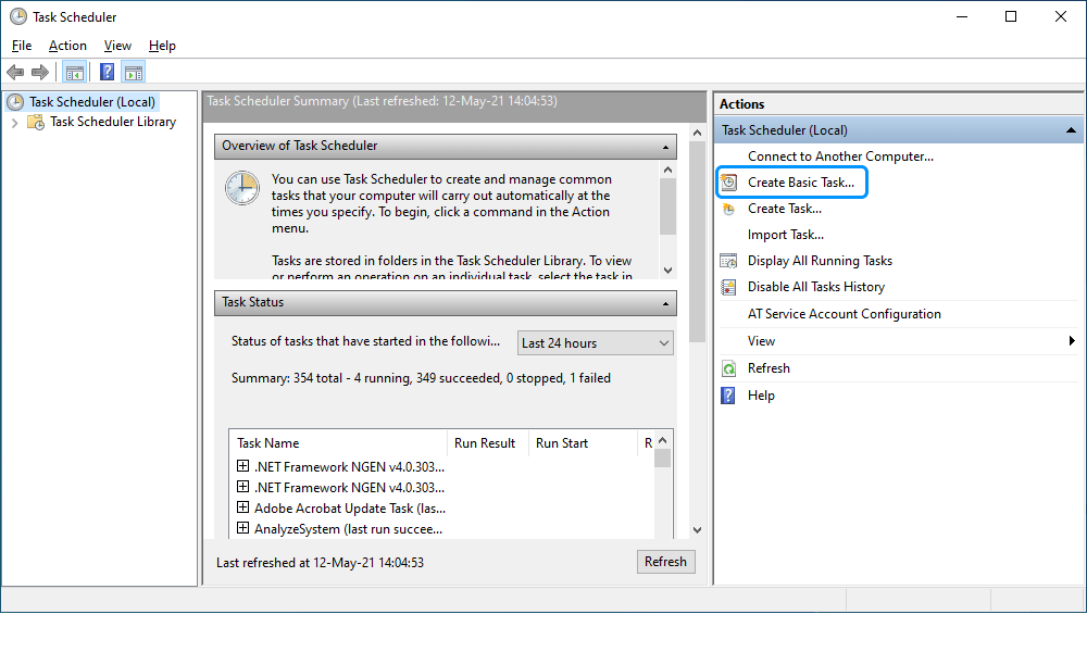 Create basic task in Windows Task Scheduler