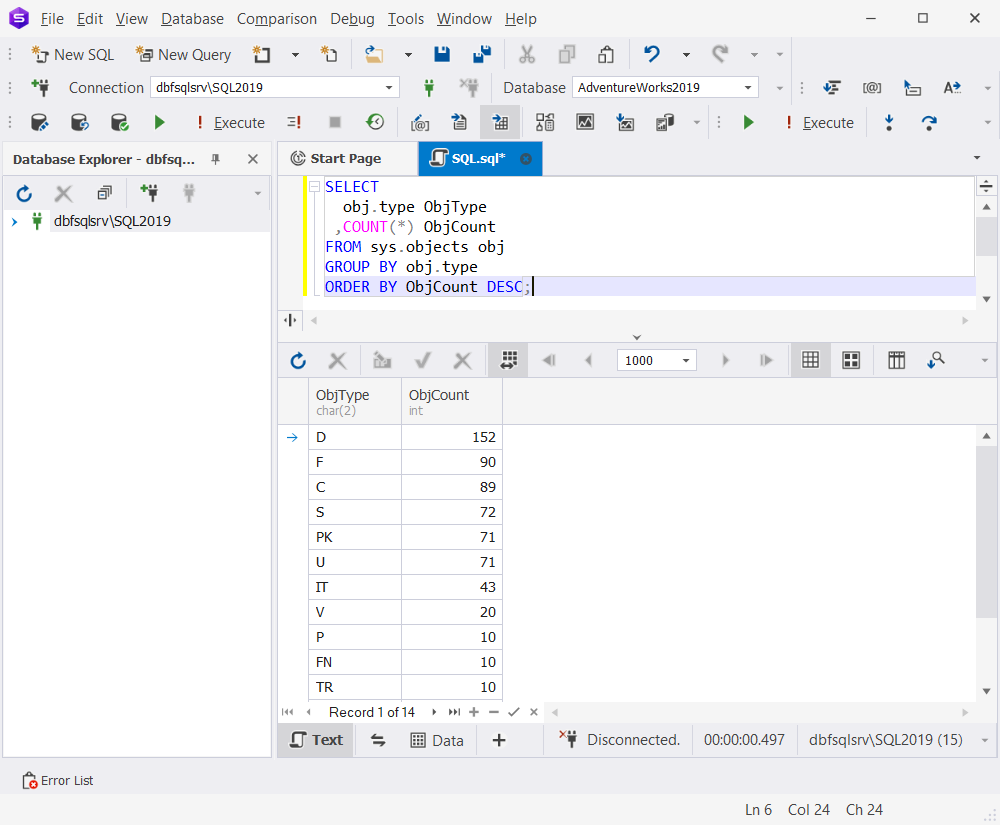 The easiest way to get the number of objects in the SQL Server AdventureWorks2019 sample database