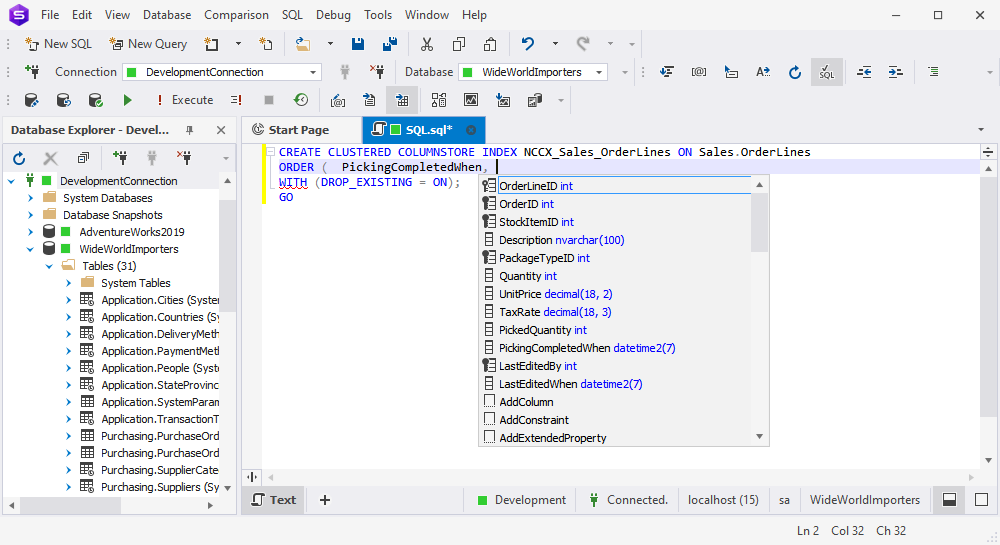 dbForge Studio -  Columns suggestion in the ON clause for CREATE CLUSTERED INDEX in the ORDER context