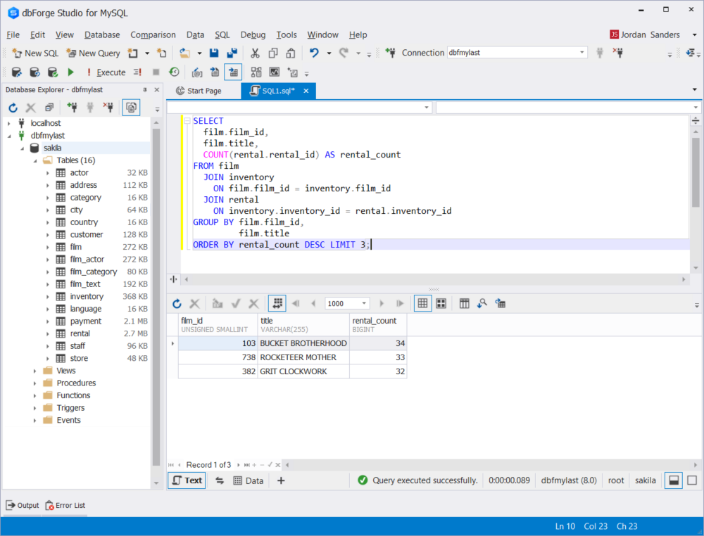 ChatGPT query being executed in dbForge Studio for MySQL