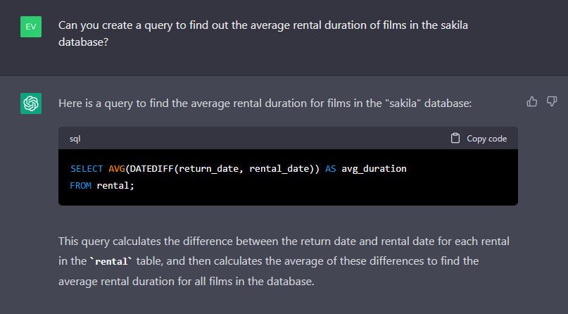 ChatGPT: What is the average rental duration for films in the MySQL sakila database?